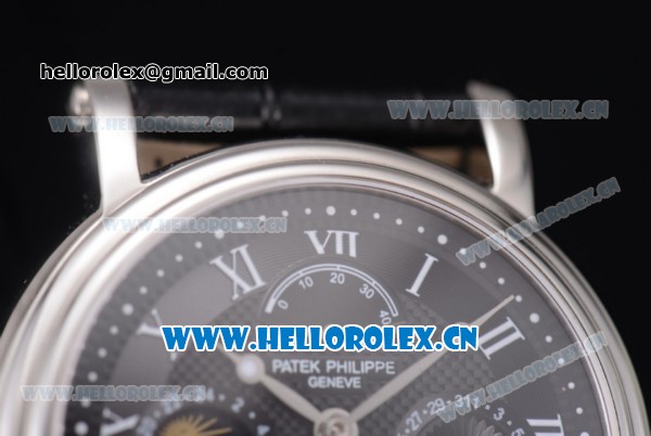 Patek Philippe Grand Complication Swiss Tourbillon Automatic Steel Case with Black Dial Black Leather Strap and Roman Numeral Markers - Click Image to Close
